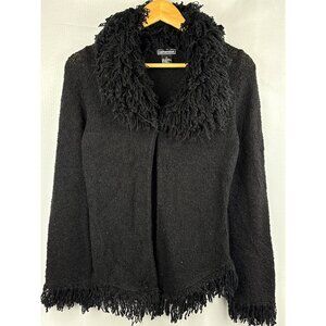 Takeout Womens Black Shaggy Fringe Cardigan Sweater M 100% Acrylic